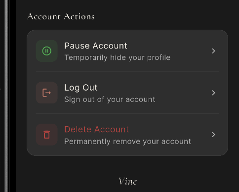 Account deletion screen in Vine app